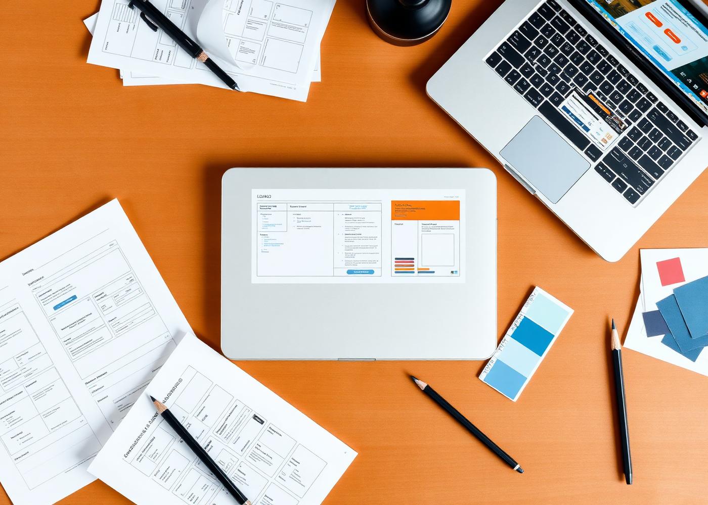 Overhead view of a designer's desk with wireframes, colour swatches and a laptop