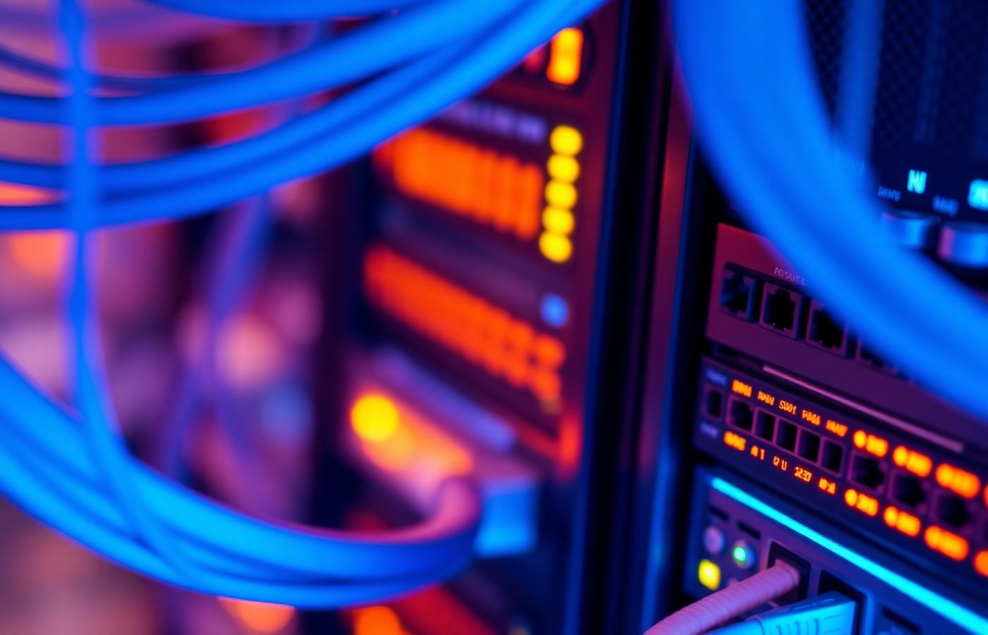 Detail of blue and orange fibre network cabling