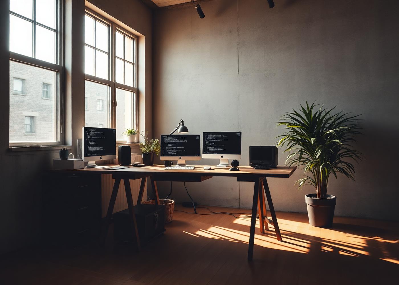 A quiet studio workspace with concrete walls, wooden desk and morning light