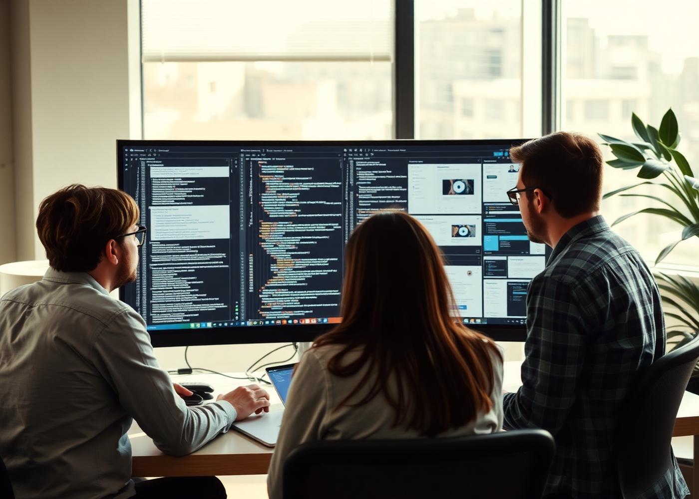 Three engineers reviewing code and interface work on a large monitor